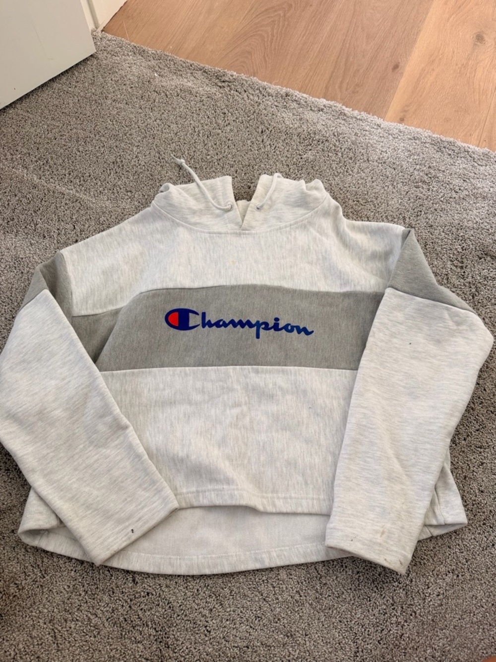 Champion Gray Colorblock Pullover Hoodie with Blue Logo